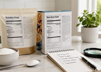 Generic nutrition facts label with sugar spoon and checklist for added sugar comparison