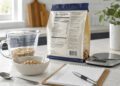 Generic food package with nutrition facts label beside measuring tools for serving size comparison